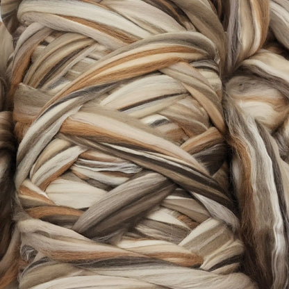 Chocolate Malt spinning fiber in Sand Silk, a merino alpaca and mulberry silk blend top in tone on tone creams and browns