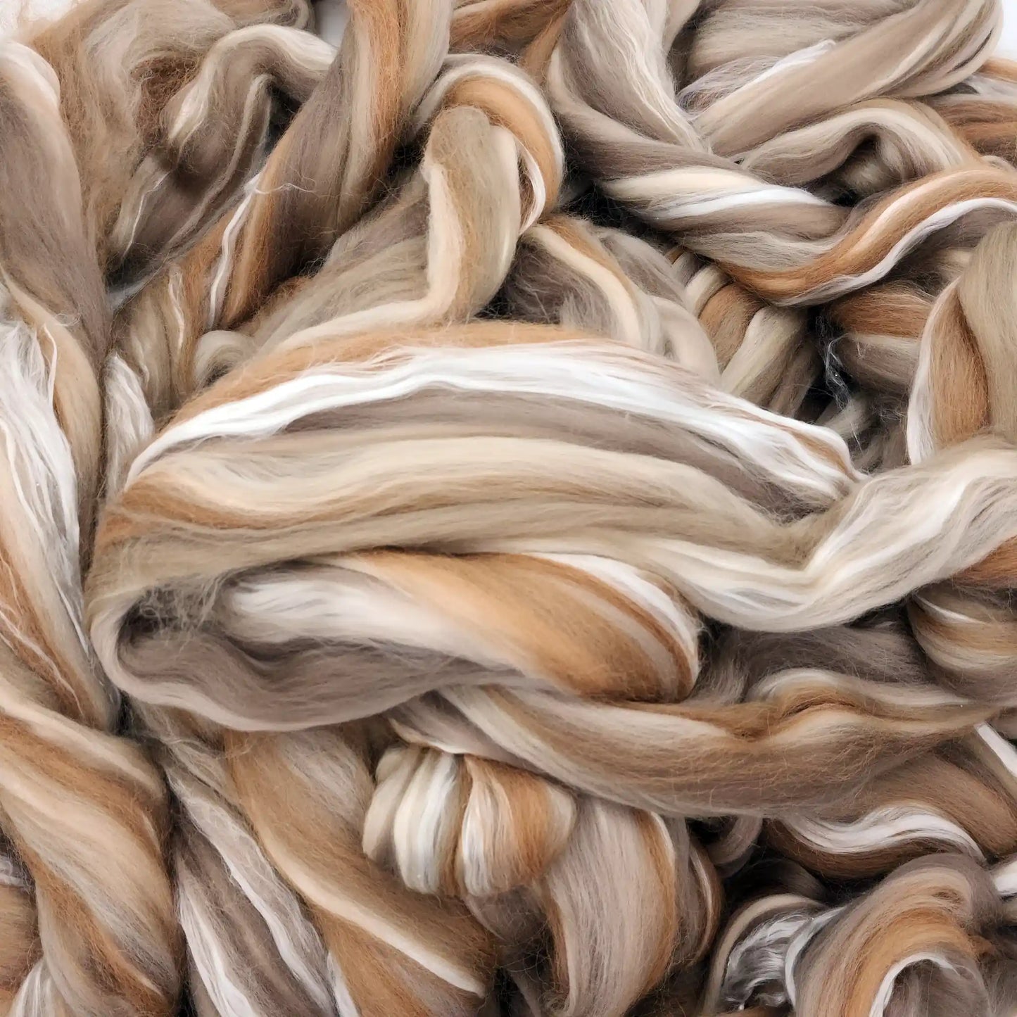 Chocolate Malt spinning fiber in White Silk, a merino alpaca and mulberry silk blend top with bright white silk running through warm browns
