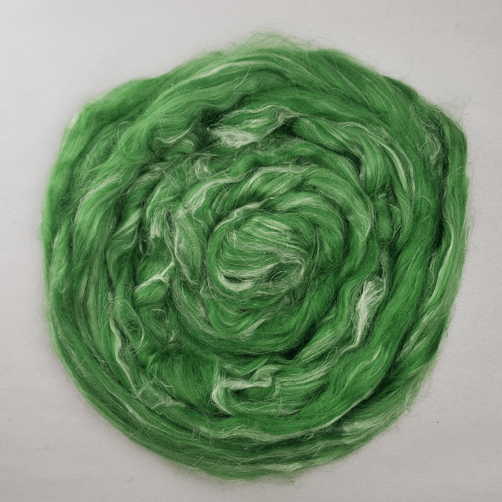 Clover Fields summer silk blend coiled flat, bright green with pale silk and flax flecks