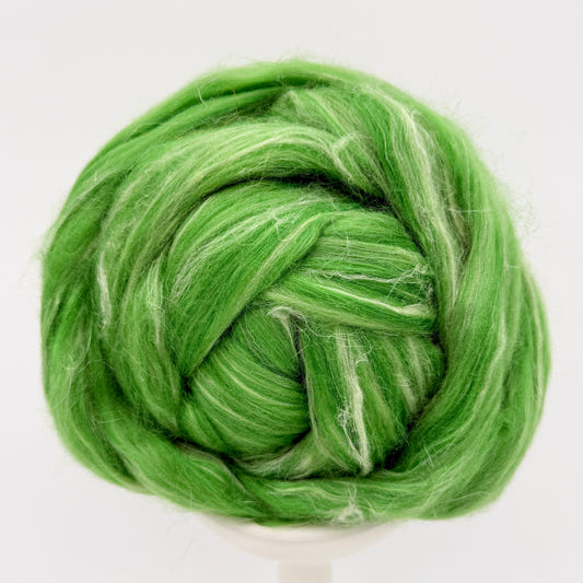 Clover Fields silk, flax and merino spinning fiber in bright green with pale silk streaks