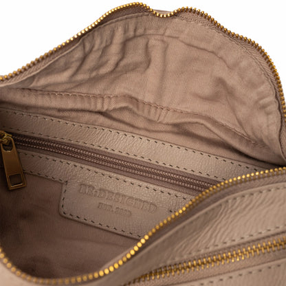 Taupe Faust Bag showing stamped RE:DESIGNED logo inside, and open view of inside