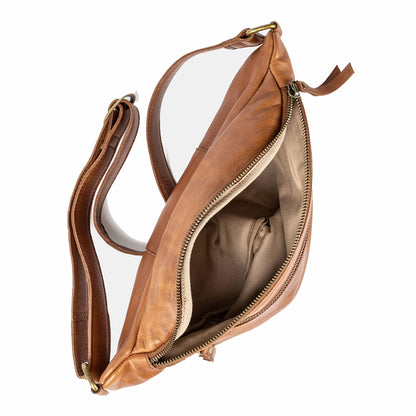 Walnut Faust bag with open zipper viewing inside
