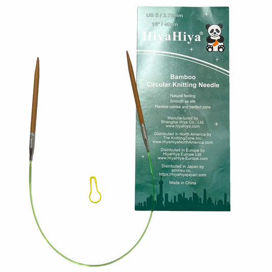 16In HiyaHiya Circular knitting needle shown against a white background with one included stitch marker