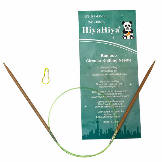 HiyaHiya bamboo circular knitting needle shown with one stitch marker and card with information about hiyahiya