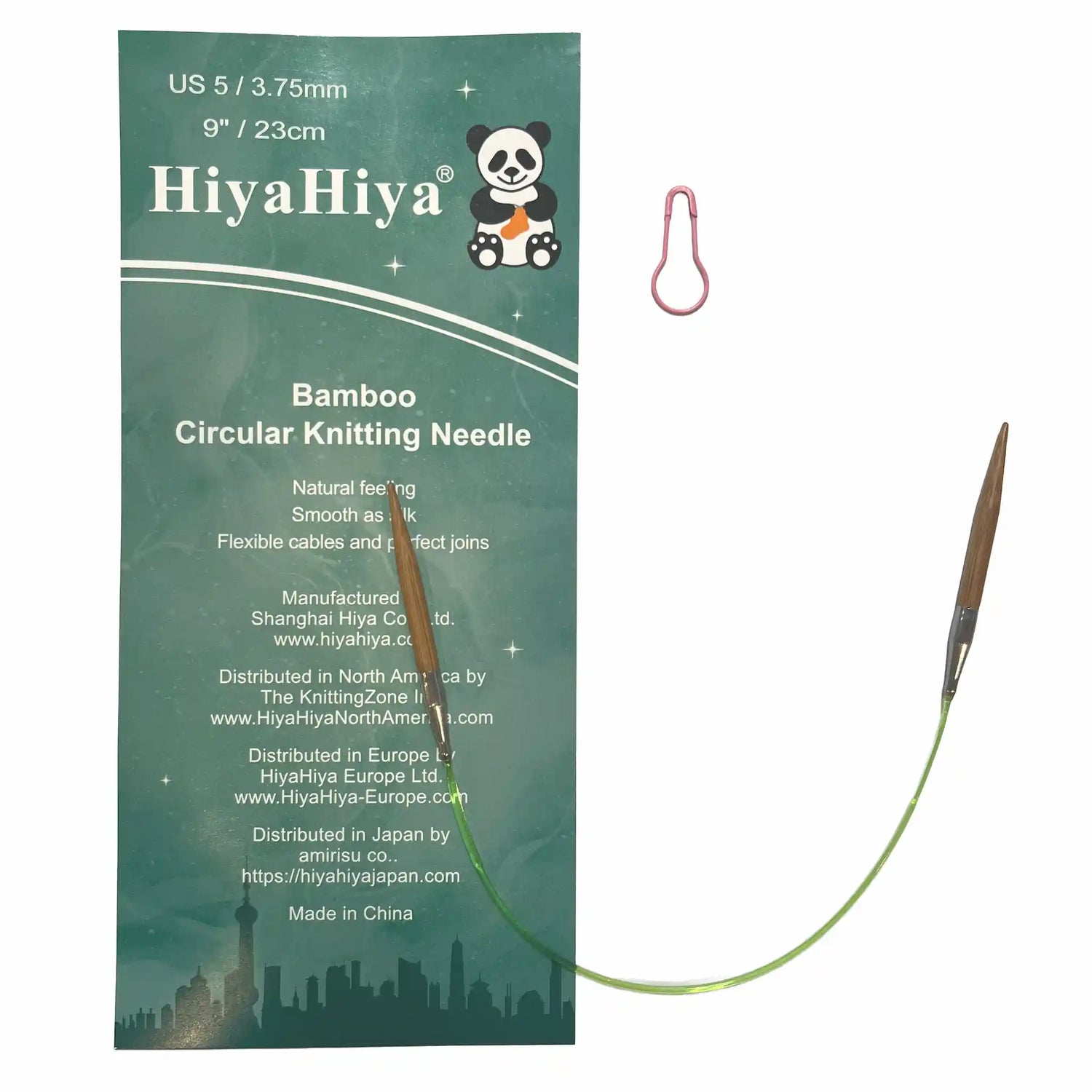 9In HiyaHiya Bamboo Knitting Needle shown against a white background with one included stitch marker and card insert