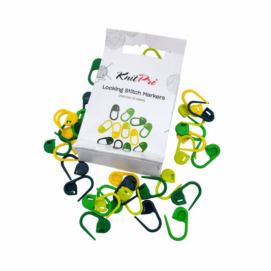 KnitPro Locking Stitch Markers spilling from the 30 piece box in assorted green and yellow