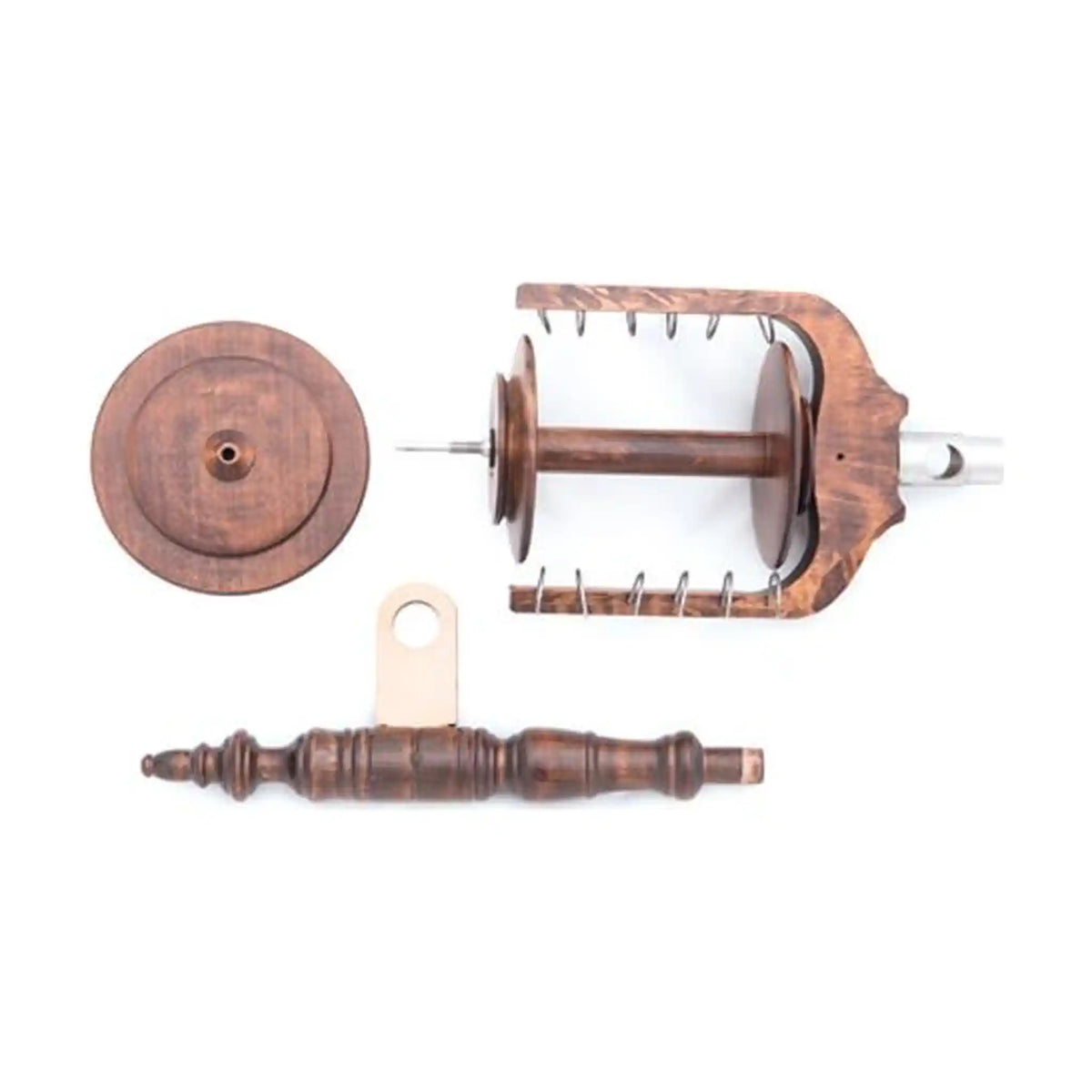 Kromski Polonaise Jumbo Flyer Set in Walnut, with the jumbo flyer and bobbin, front maiden post and slow whorl