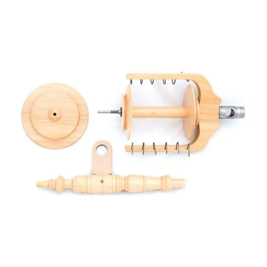 Kromski Polonaise Jumbo Flyer Set in Clear, with the jumbo flyer and bobbin, front maiden post and slow whorl