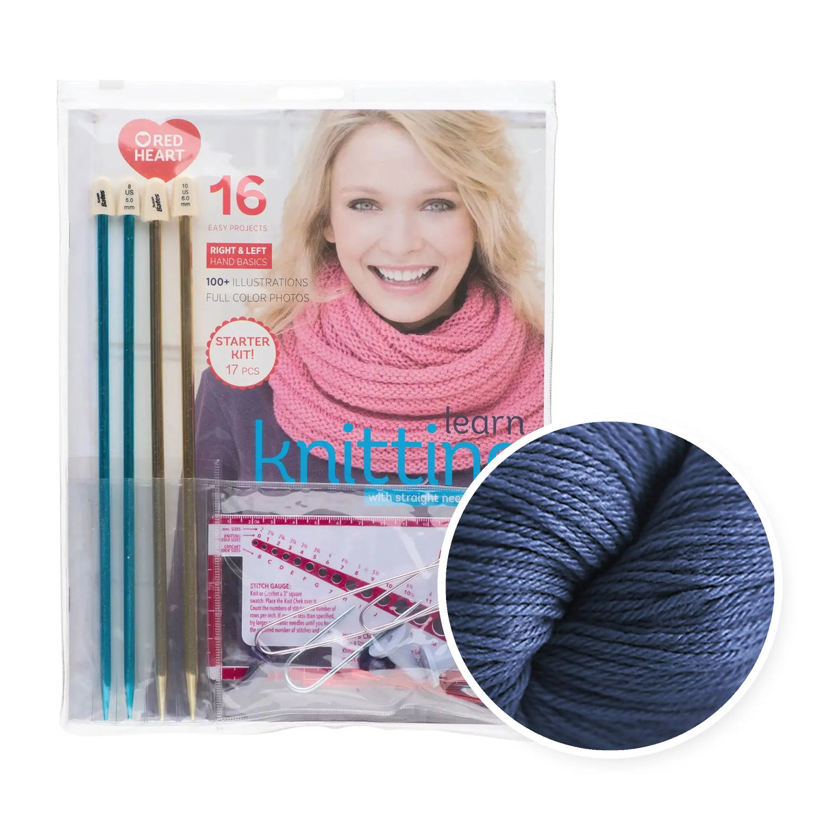 Learn to Knit Kit with Yarn color 9332 Sapphire