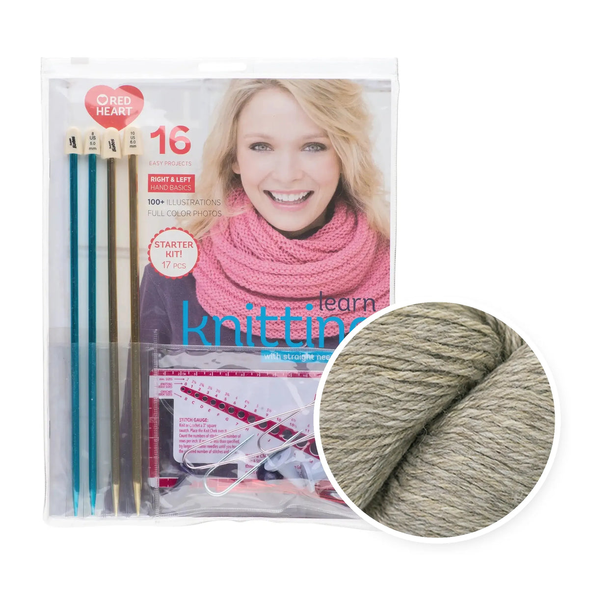 Learn to Knit Kit with Yarn color 2442 Fog Hatt