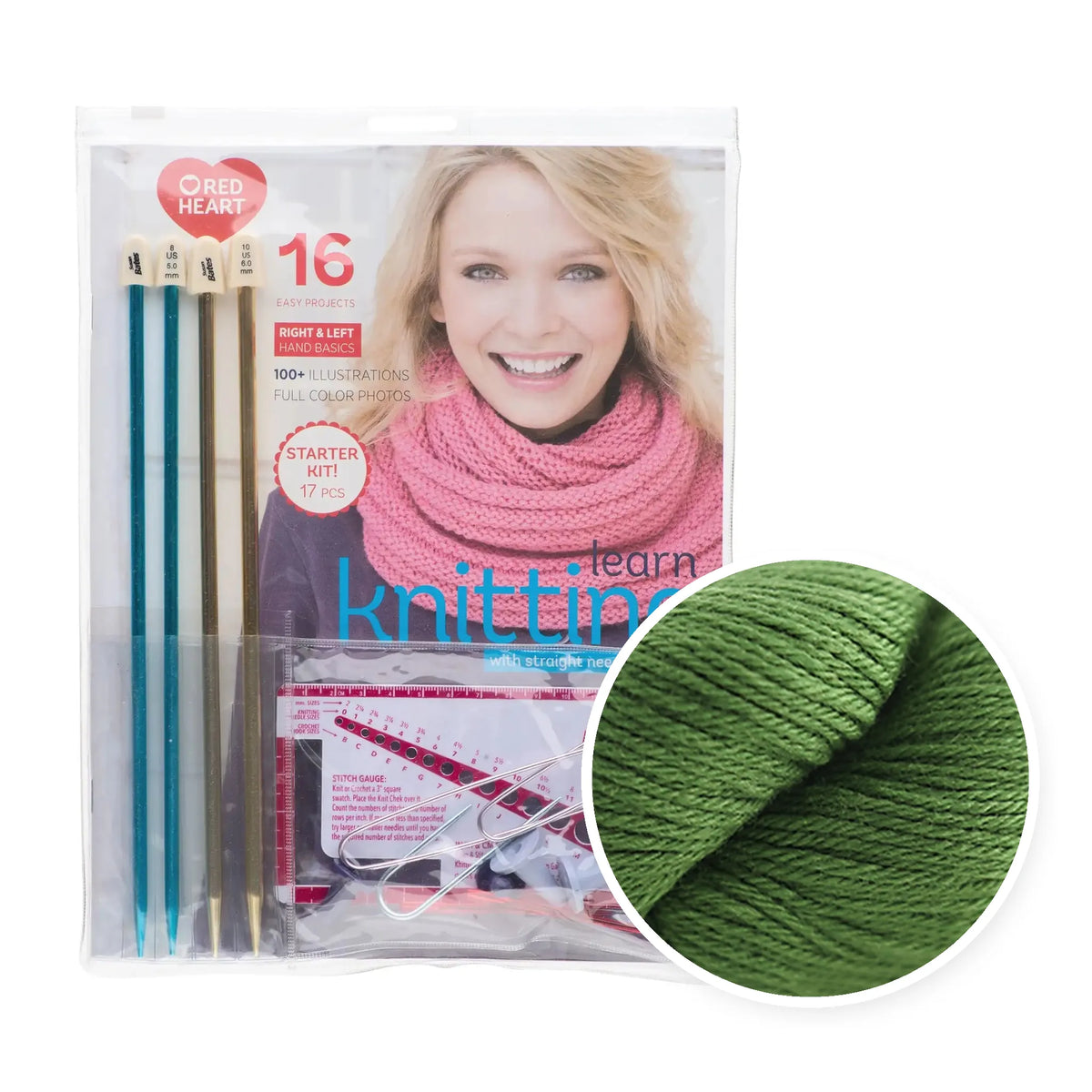 Learn to Knit Kit with Yarn color 9430 Highland Green