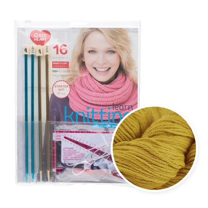 Learn to Knit Kit with Yarn color 7827 Golden Rod