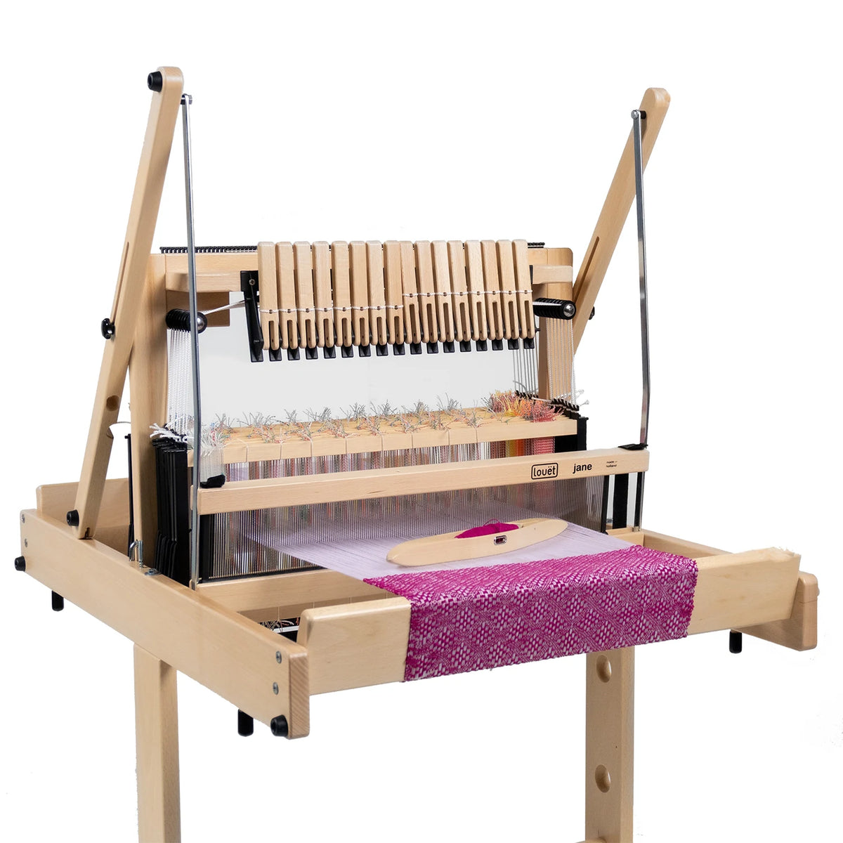 Louet Jane 16 shaft table loom mounted on the beech floor stand