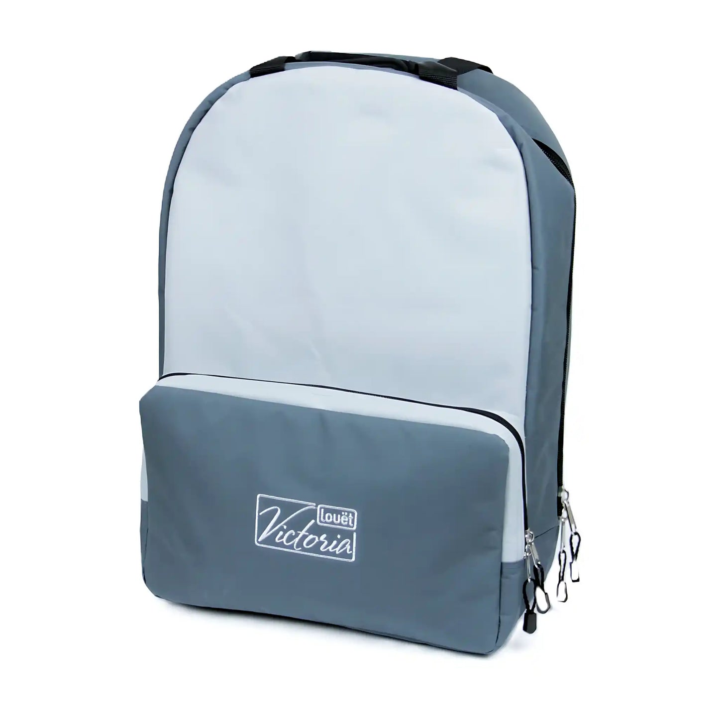 Gray and light blue backpack with 'Louet' and 'Victoria' logo on a white background