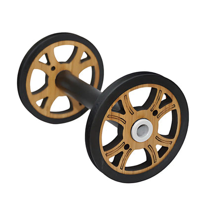 Majacraft Baby wood bobbin, side view of the bamboo flanges and black barrel