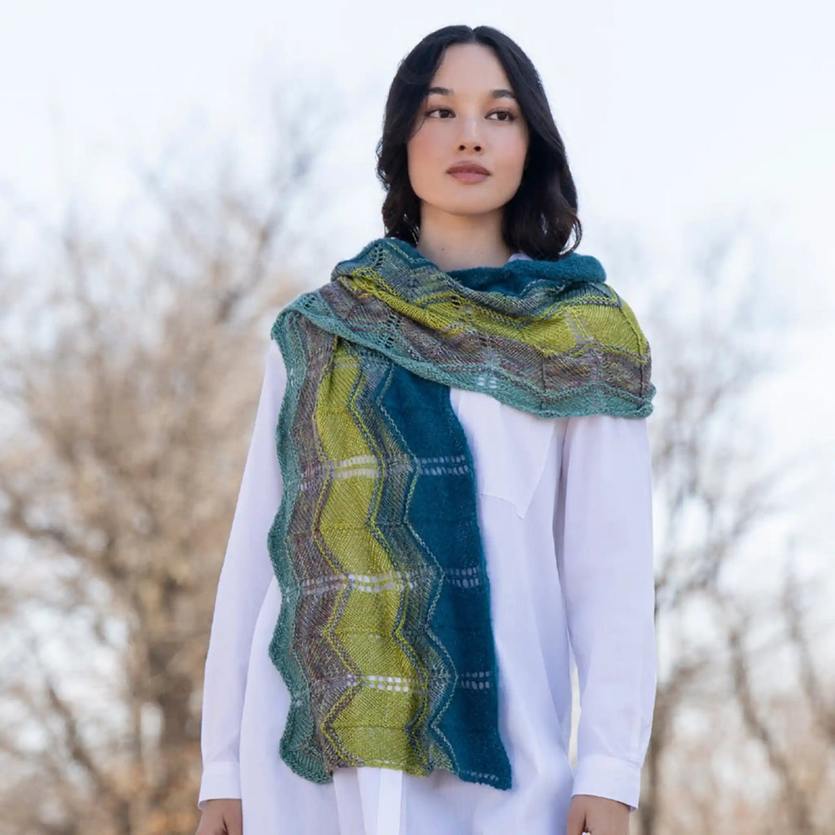 Malabrigo 2026 Holiday Kit Elegante Wrap, zigzag wrap in five Malabrigo and Blue Sky Fibers yarns