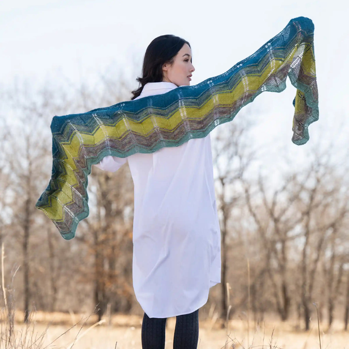 Malabrigo 2026 Holiday Kit Elegante Wrap, zigzag wrap in five Malabrigo and Blue Sky Fibers yarns