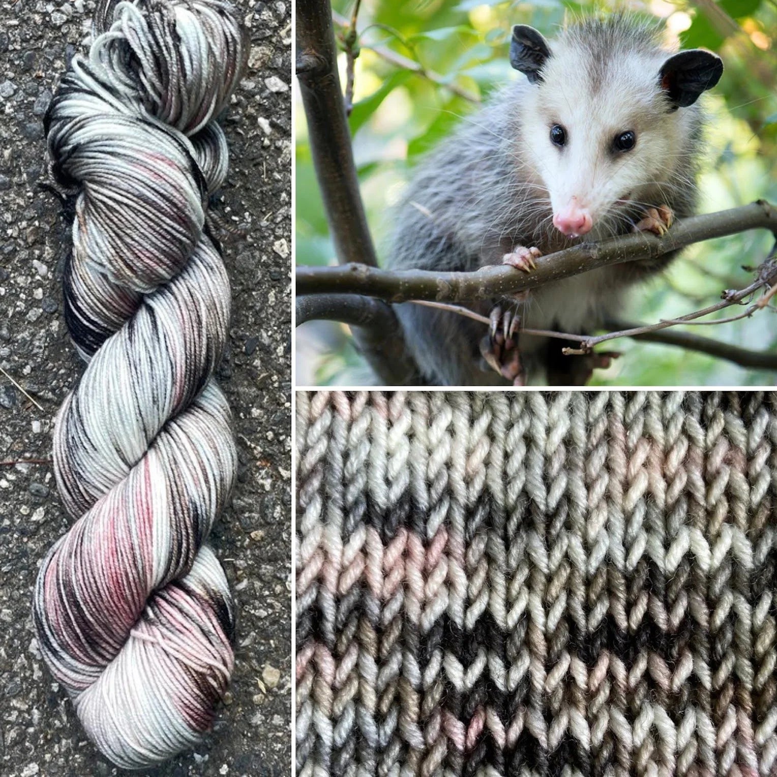 Opossum colorway skein, Round Mountain Fibers Alder Fingering yarn