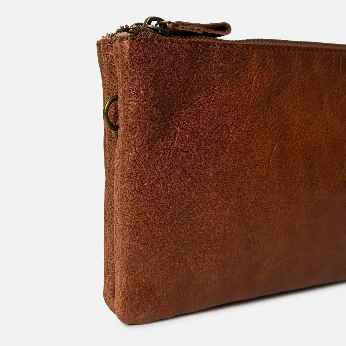 Closeup of the walnut Oslo Urban's top zippers and strap ring