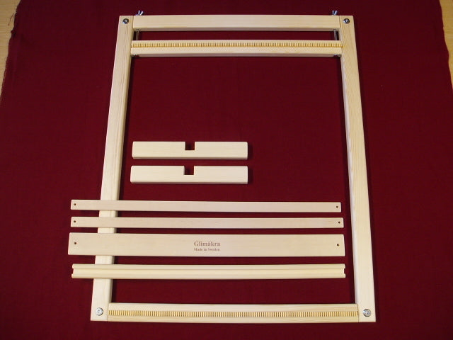Glimakra Freja tapestry loom, a hardwood frame loom warped with a tapestry in progress
