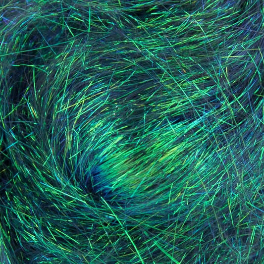 Close-up of Peacock A19 Angelina fiber showing the iridescent strands