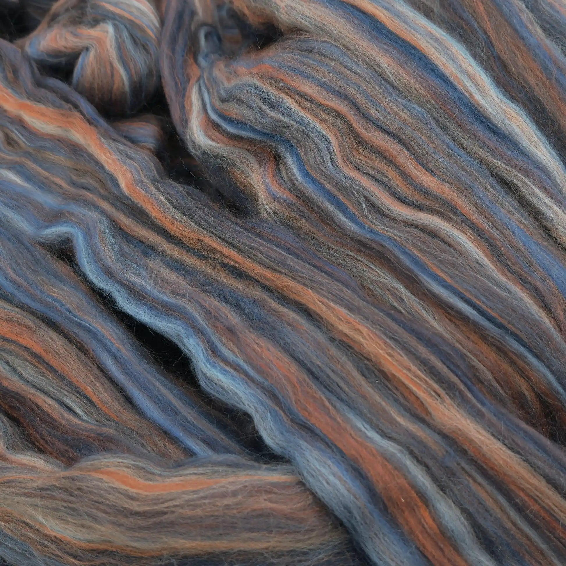 Paradise Fibers Multi-Colored Merino Wool Top in Denim, a blue and rust-orange merino spinning fiber