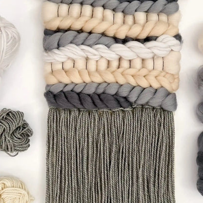 Woven wall hanging made with the Mono Mix palette from the Paradise Fibers Weaver's Collection Mixed Bag - Mono Mix