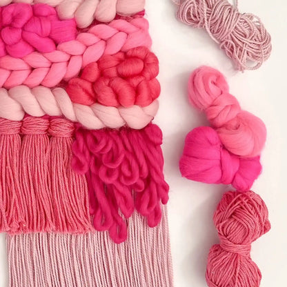 Woven wall hanging made with the Pink Pick n Mix palette from the Paradise Fibers Weaver's Collection Mixed Bag - Pink Pick n Mix