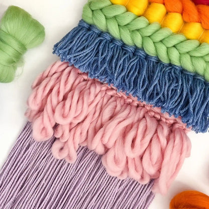 Woven wall hanging made with the Rainbow Range palette from the Paradise Fibers Weaver's Collection Mixed Bag - Rainbow Range