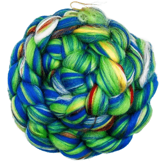 Parrot Party multicolor spinning top coiled into a nest, green and blue with yellow and red