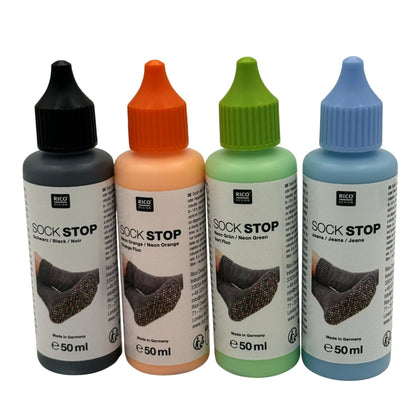 Rico Sock Stop anti-slip latex 50ml bottles - colour range on white