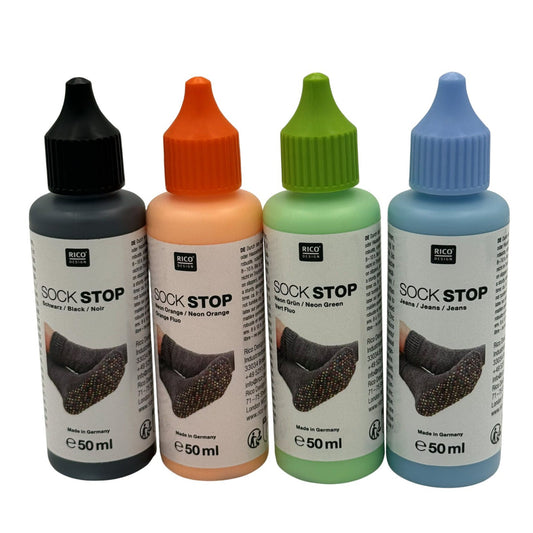 Rico Sock Stop anti-slip latex 50ml bottles - colour range on white