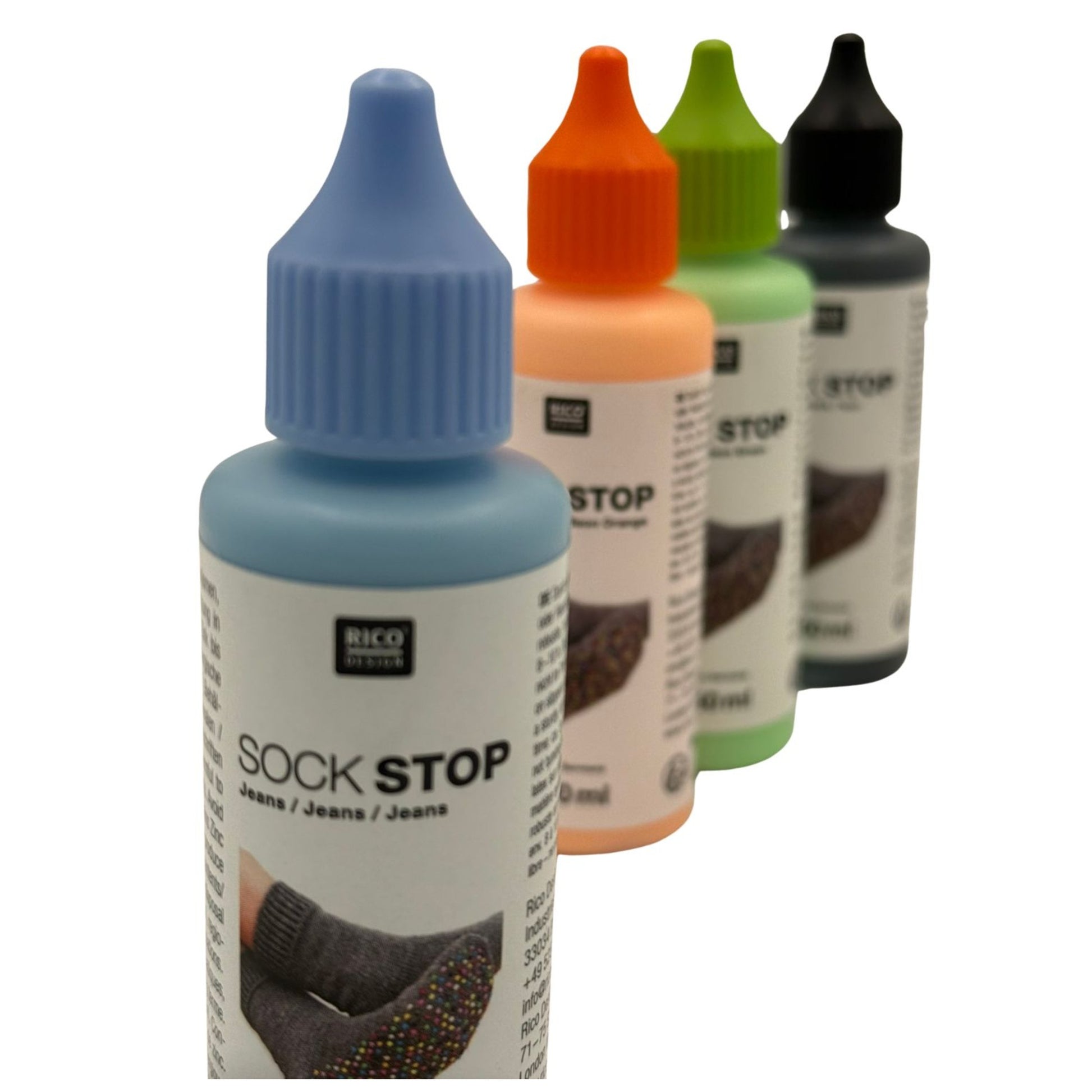 Rico Sock Stop anti-slip latex 50ml bottles - colour range angled view