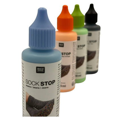 Rico Sock Stop anti-slip latex 50ml bottles - colour range angled view