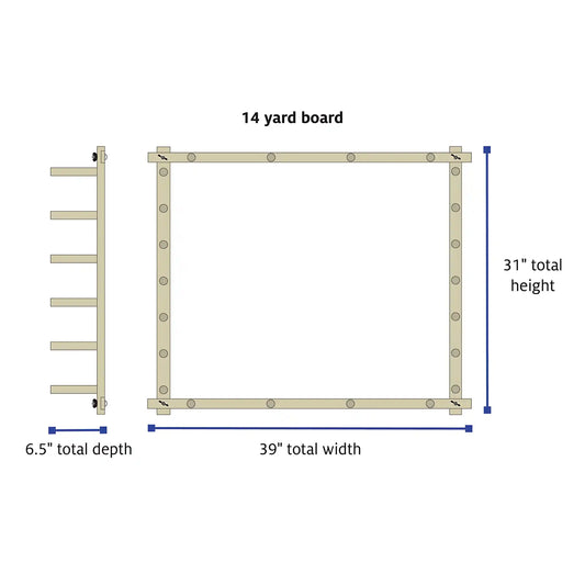 Schacht 14 Yard Warping Board Dimensions chart.
39In Wide, 31In Tall, 6.5In Deep.