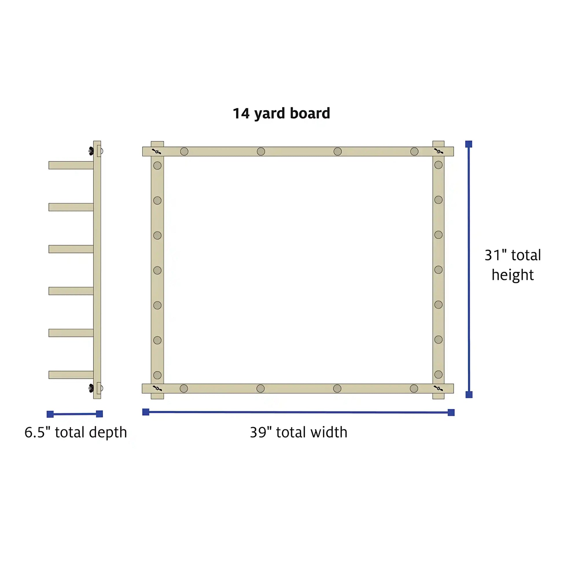 Schacht 14 Yard Warping Board Dimensions chart.
39In Wide, 31In Tall, 6.5In Deep.