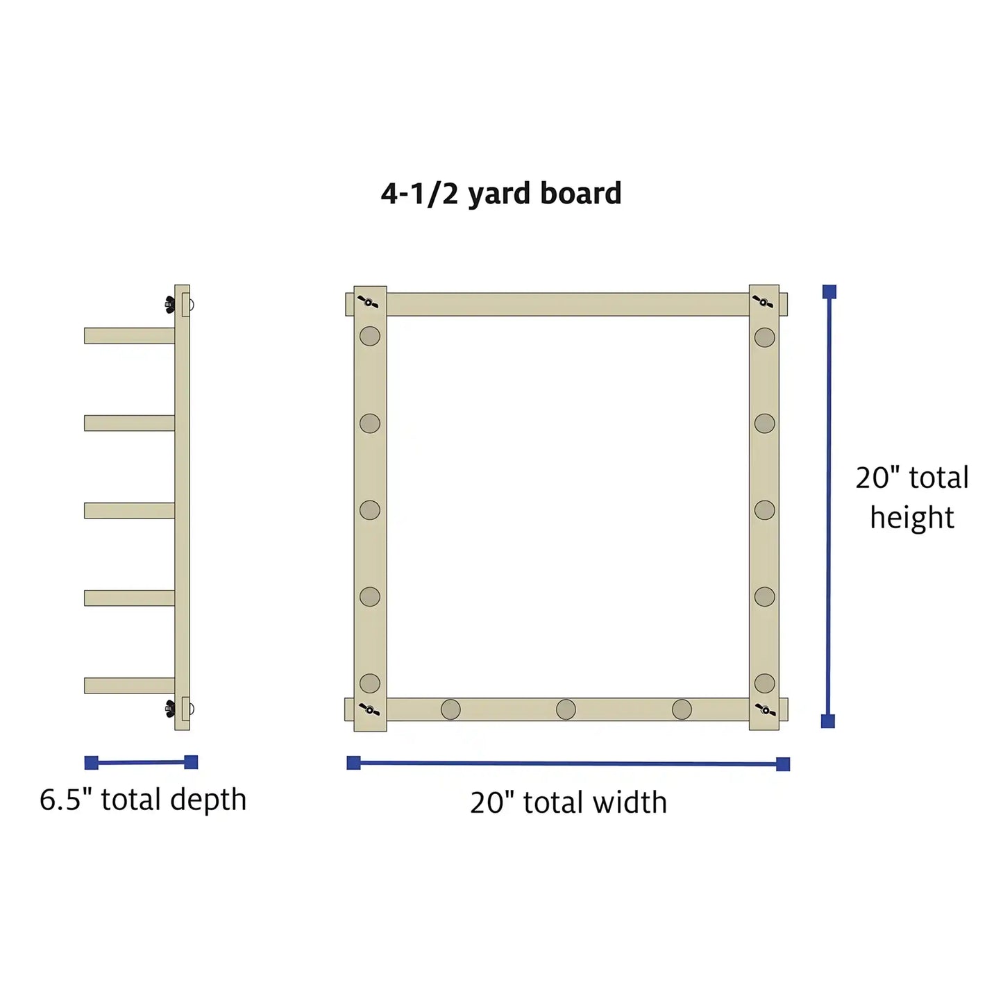 Schacht 4.5 Yard Warping Board Dimensions chart.
20In Wide, 20In Tall, 6.5In Deep.