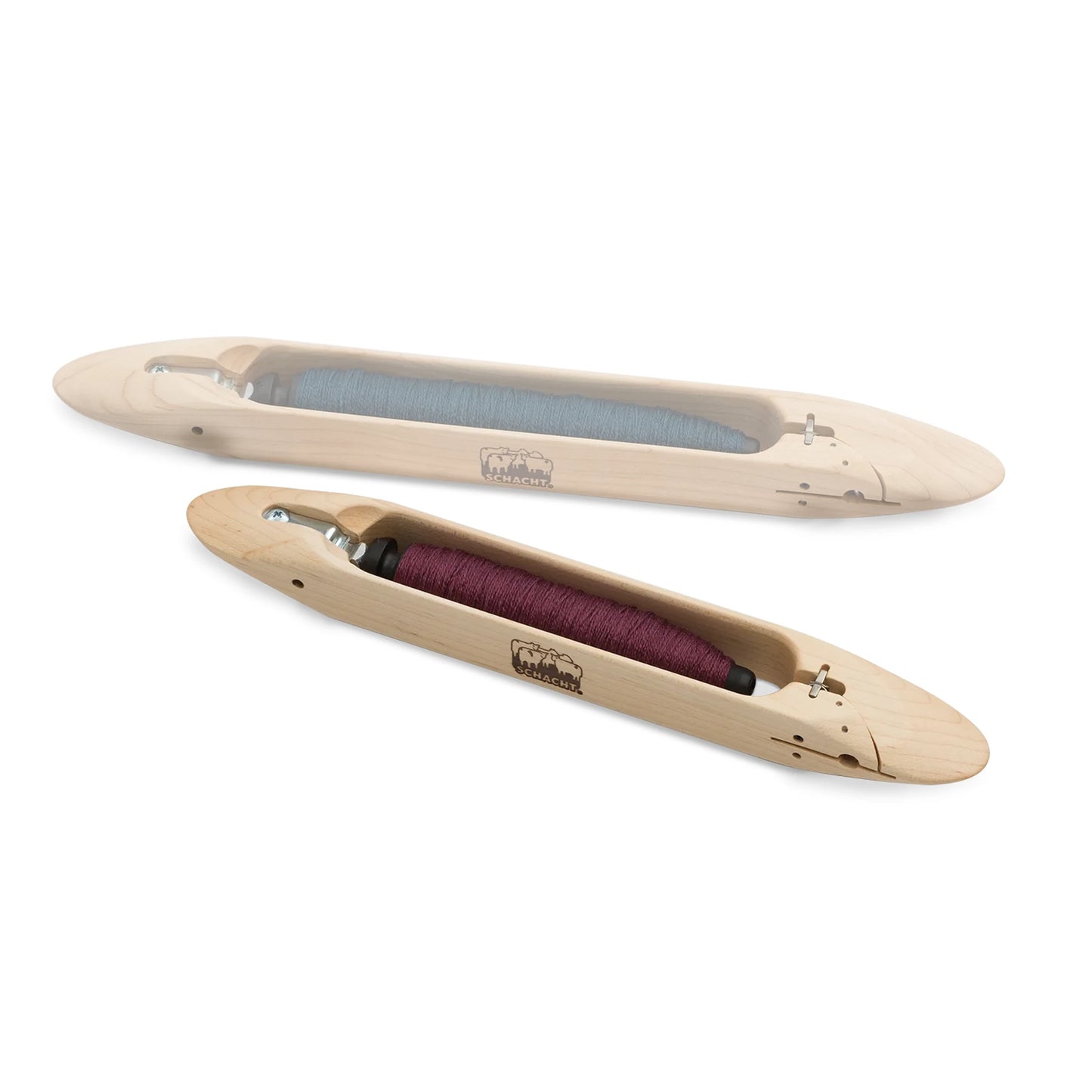 Schacht 12 inch end delivery shuttle loaded with a dark red weft pirn