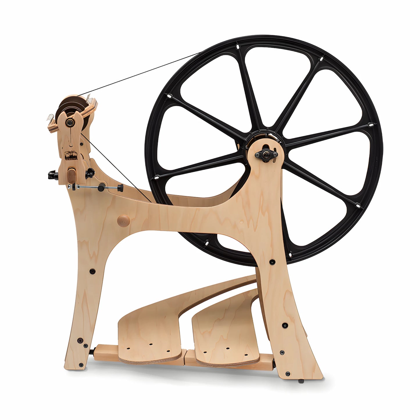 Schacht Flatiron Spinning Wheel showing the flyer, drive wheel, treadles, and overall shape