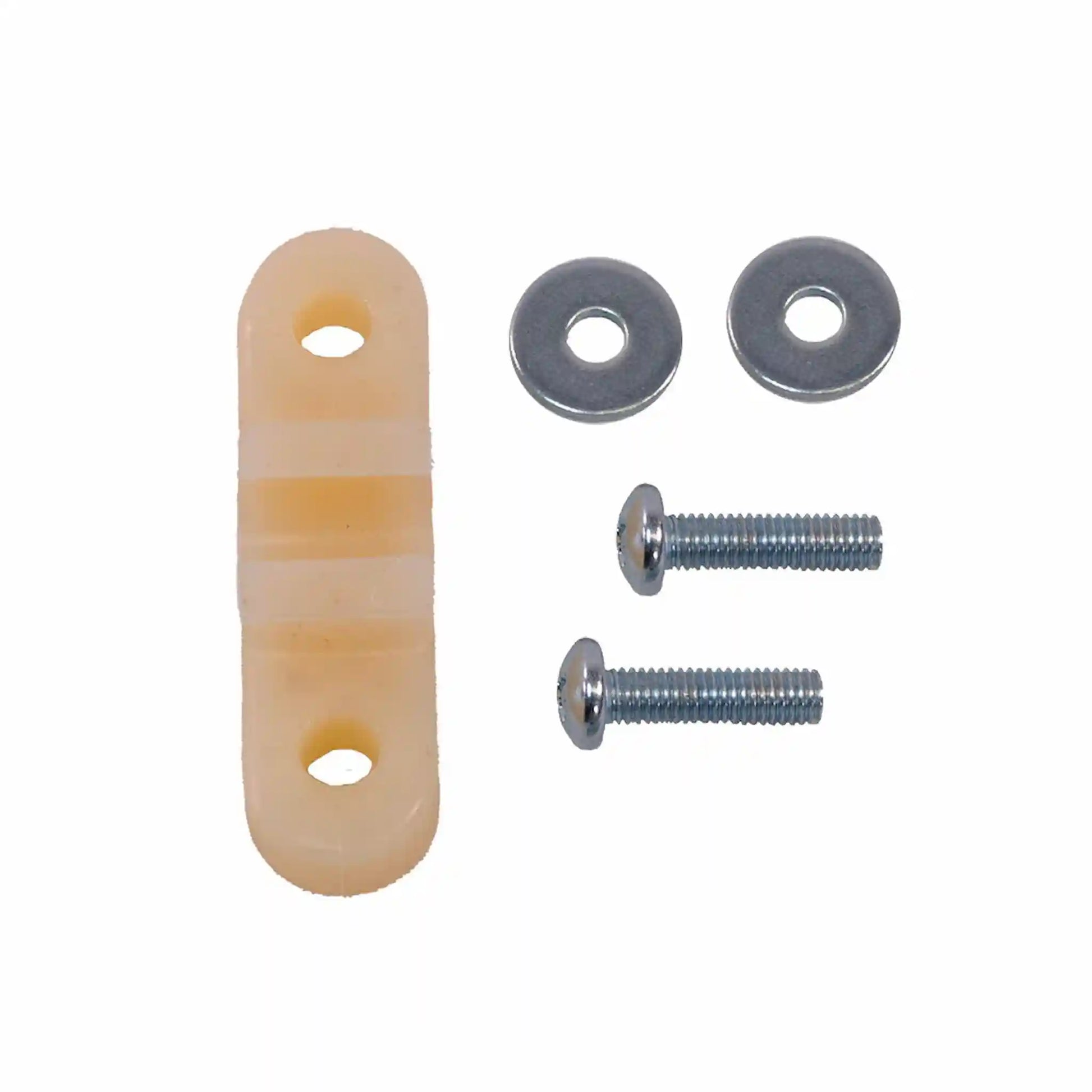 Plastic treadle hinge, two washers, and two screws against a white background