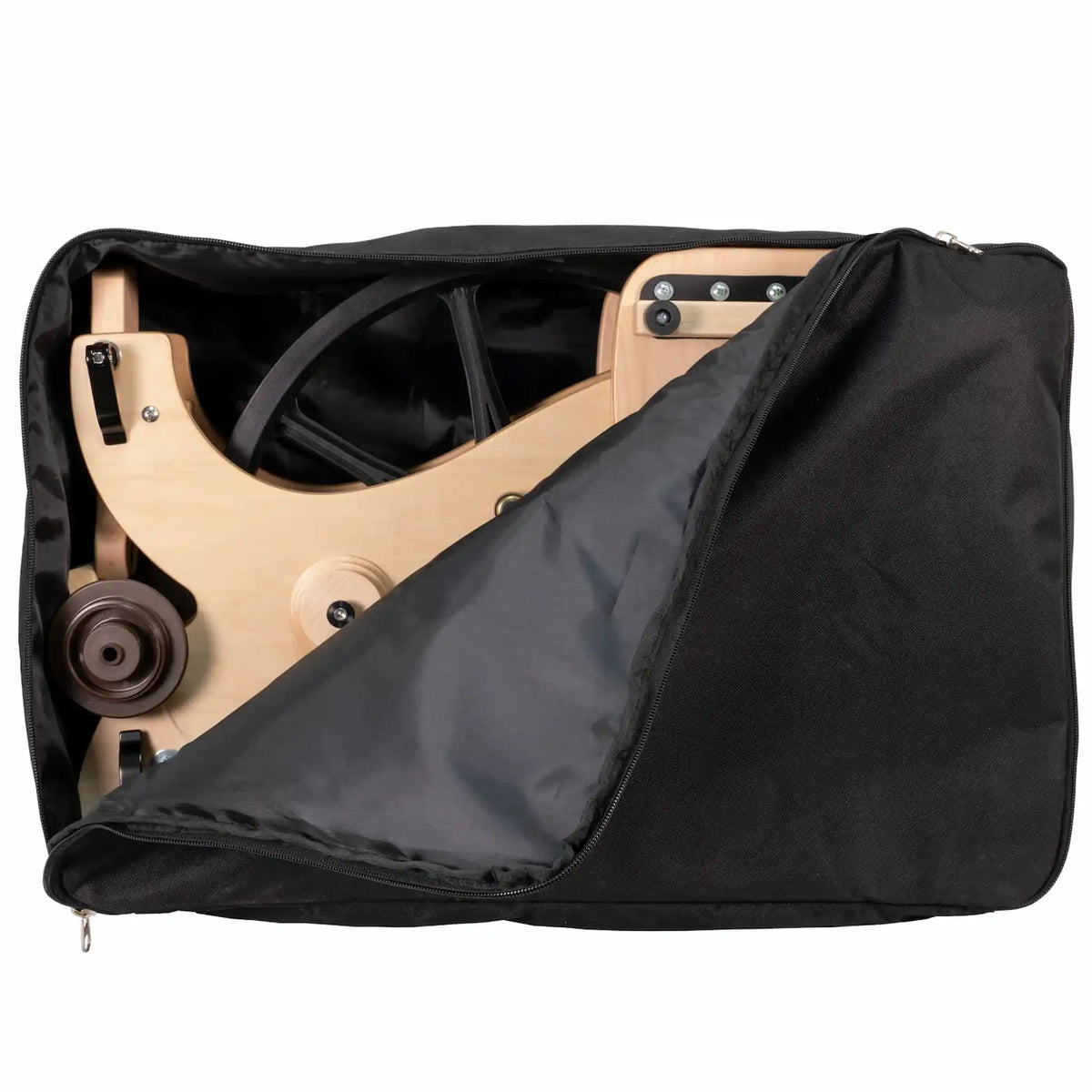 Schacht Sidekick Spinning Wheel inside a black colored bag partially opened