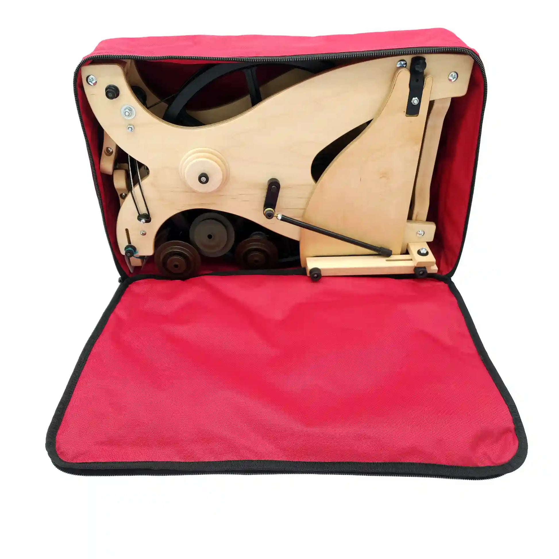 Schacht Sidekick inside a travel bag with the top fully open, showing how the Spinning Wheel fits inside with three bobbins