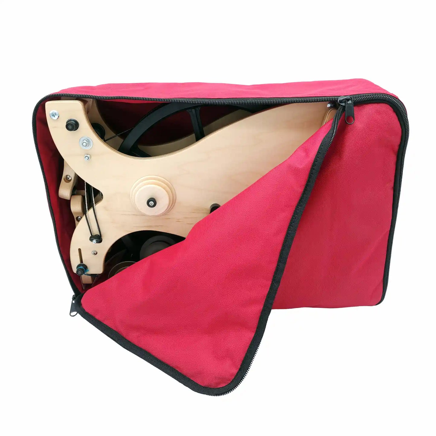 Schacht Sidekick inside a red travel bag, partially open and showing the top half of the wheel