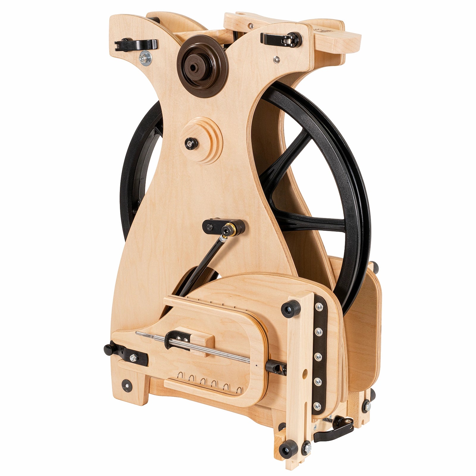 Schacht Sidekick Spinning Wheel completely folded, showing the flyer attached to the left treadle