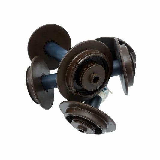Three Schacht Travel Spinning Wheel Bobbins stacked together, showing the black plastic cores and browner whorl ends