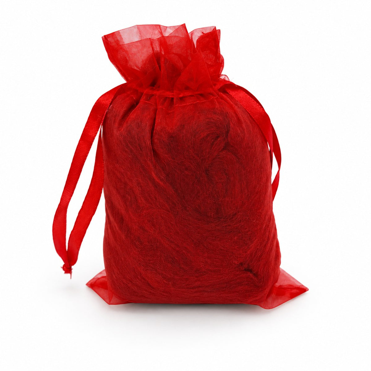 Speckle Chili Pepper Red felting fiber pack in a red organza drawstring bag