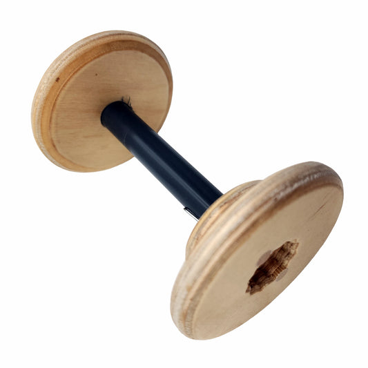 SpinOlution 4oz bobbin closeup of the flyer-rod end and magnetic locking mechanism
