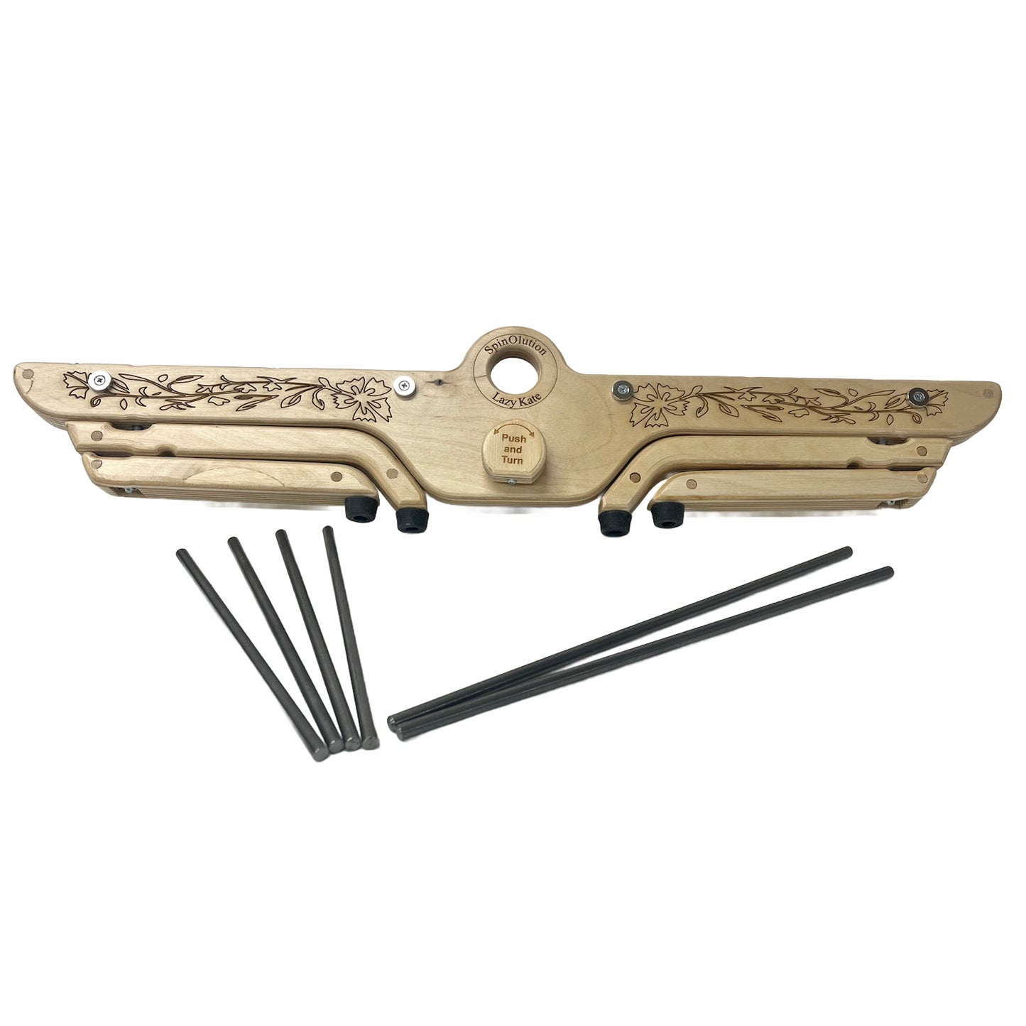 Engraved SpinOlution Lazy Kate shown with legs folded in and all rods beside it
