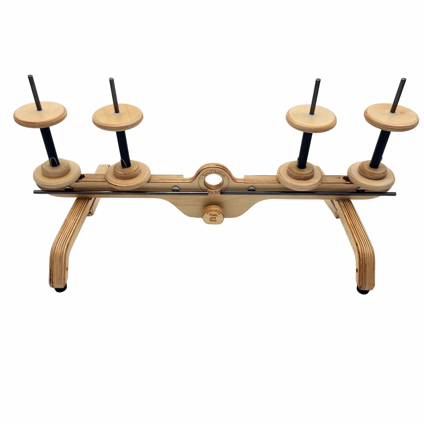 SpinOlution Lazy Kate with four 4oz bobbins attached showing the spacing