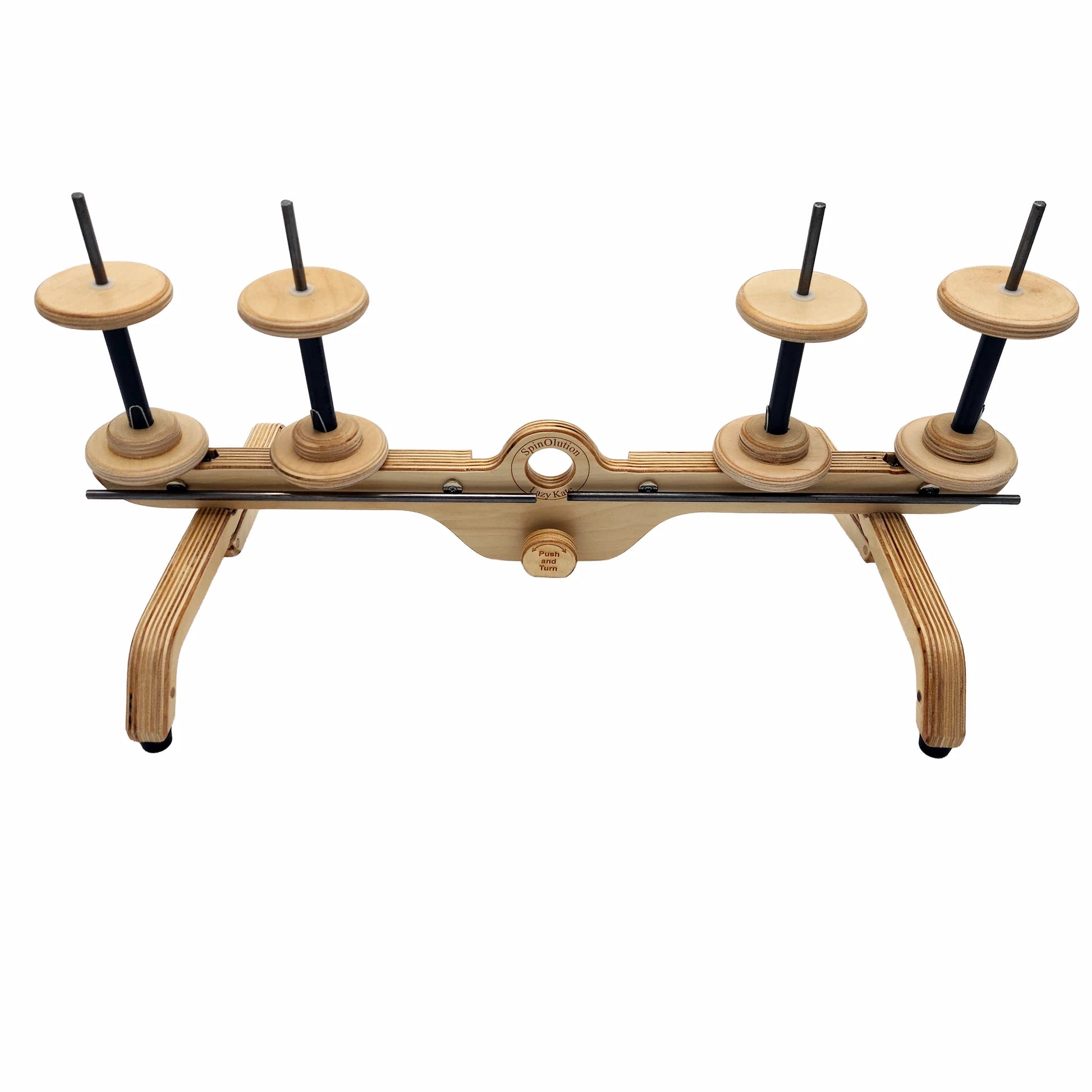 SpinOlution Lazy Kate with four 4oz bobbins attached showing the spacing